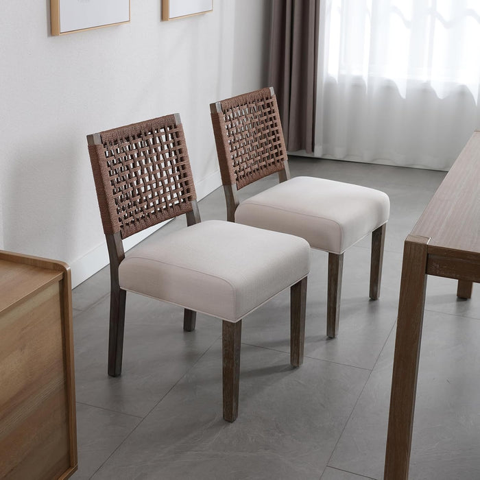 Farmhouse Dining Chairs Set of 2 Linen Fabric Upholstered Accent Side Chair, Mid Century Modern Kitchen & Dining Room Chairs with Woven Rope Back for Home, Living Room, Bedroom - Beige