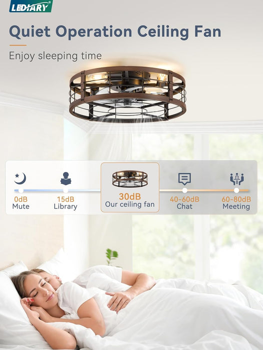 20" Caged Ceiling Fan with Light and Remote, Low Profile Flush Mount Fandelier, Walnut Bladeless Enclosed Small Fan Lights Ceiling Fixtures, Rustic Farmhouse Style for Bedroom, Outdoor