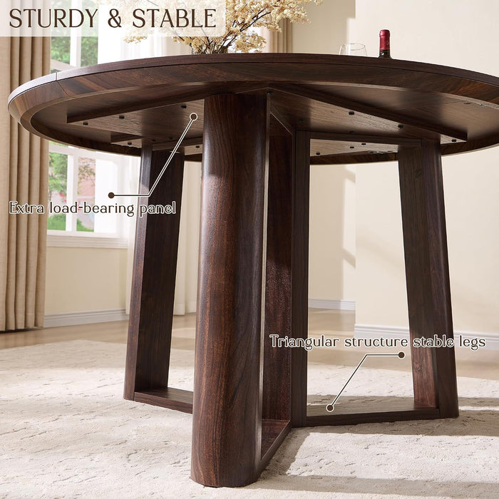 47" round Dining Room Table for 4-6 with Wooden Pedestal, Dark Walnut | Dinner Tables, Triangular Structure Wooden Pedestal Stable Base, Curved Table Edge, Circle Kitchen Tables for Dining Room