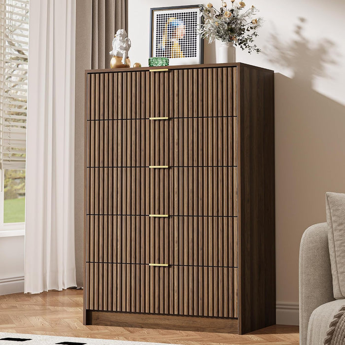 47" Tall Fluted 5-Drawer Dresser for Bedroom, Walnut