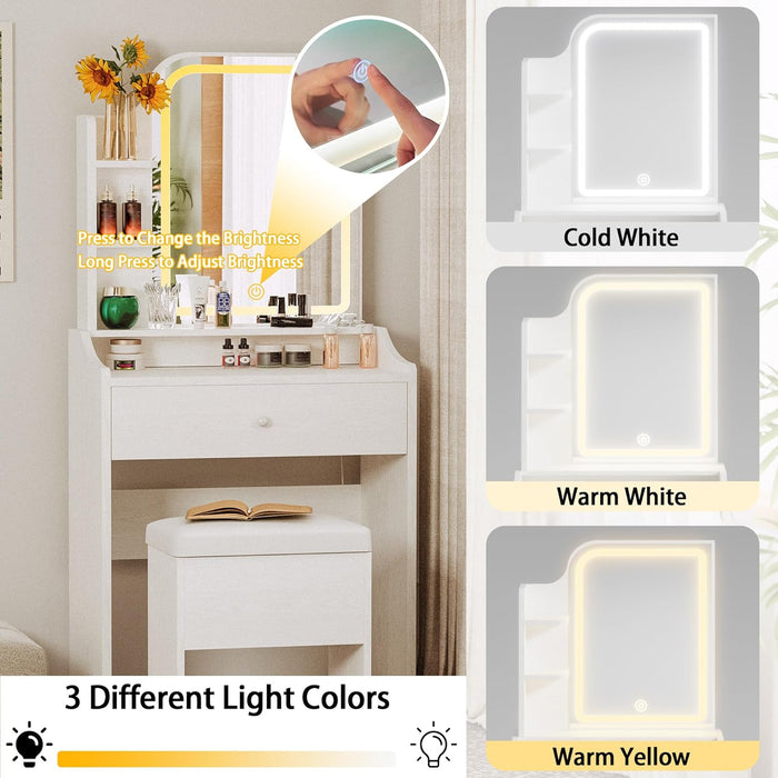 Small Makeup Vanity Desk with Mirror and Lights, Vanity Table Set with Storage Drawer, Chair and Three Shelves, Bedroom, White