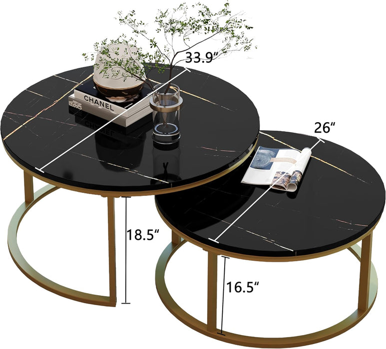 round Coffee Table Nesting Tables Set of 2, Large : Ø 34.0", Small : Ø 26.0", Modern Design Coffee Tables for Living Room, Gold Metal Frame Circle Cocktail Table, High Glossy Faux Black Marble