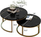 round Coffee Table Nesting Tables Set of 2, Large : Ø 34.0", Small : Ø 26.0", Modern Design Coffee Tables for Living Room, Gold Metal Frame Circle Cocktail Table, High Glossy Faux Black Marble