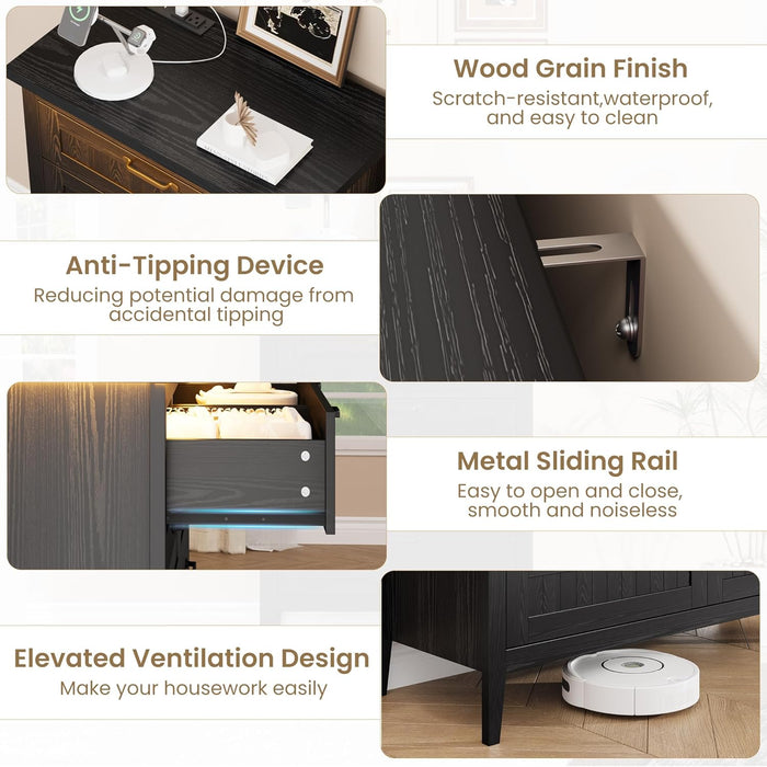5 Drawer Dresser for Bedroom with Charging Station and LED Lights, Farmhouse 44.9" Tall Chest of Dresser with Large Storage, Rubst Wood Construction for Living Room, Hallway & Entryway, Black
