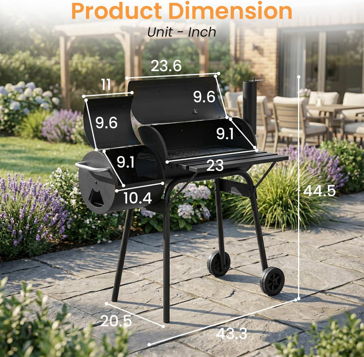 BBQ Charcoal Grill, Outdoor Heavy Duty Cooker Oven Barbecue Grill with Offset Smoker & Thermometer, Wheels and Tray for Patio Balcony Picnics, Party and Camping