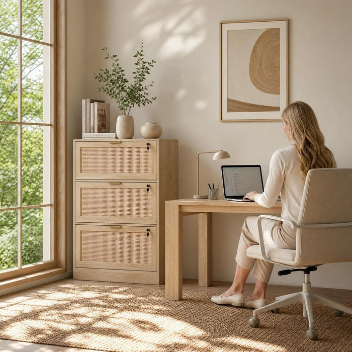 Extra Large 3 Drawers Rattan File Cabinet with Lock