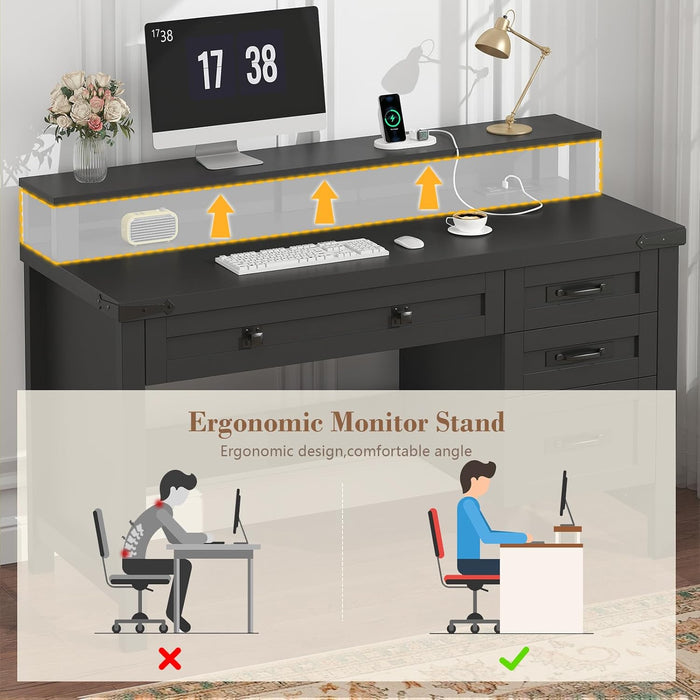 Farmhouse Computer Desk with Drawers, 47" Small Computer Desk with Power Outlets, Home Office Desk with Monitor Stand & 4 Drawers, Writing Study Table, Black