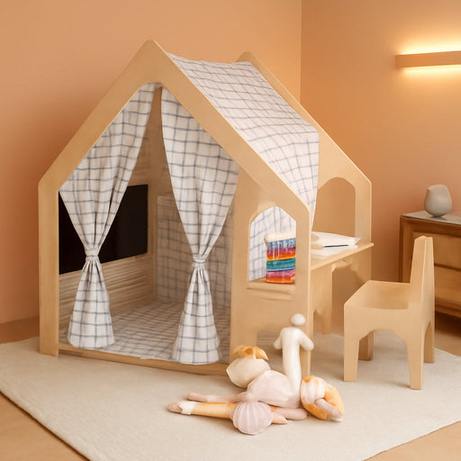Flair Montessori Style Wooden 5 in 1 Indoor Playhouse Play Tent with Desk Table, Chair, Chalkboard, Floor Cushion and Curtain Shades for Babies, Toddlers, Kids (Large, Windowpane)