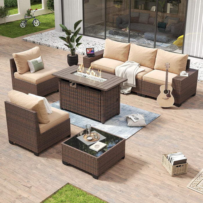 7 Piece Patio Furniture Set with Wide Armrests & 44” Fire Pit Table Wicker Rattan Outdoor Sectional Sofa Set with Coffee Table and Thickened Cushions, Brown/Beige(Waterproof Cover Included)