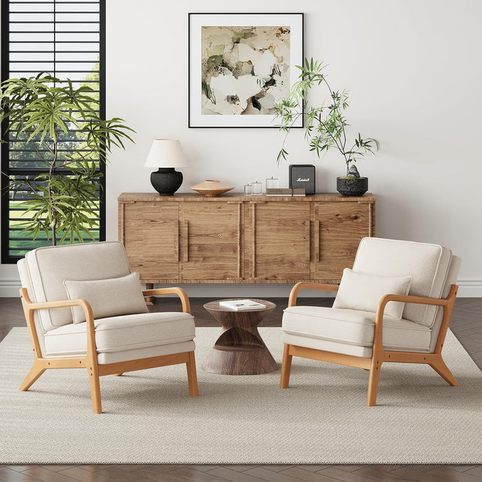 Beige Mid Century Upholstered Armchair Lumbar Pillow