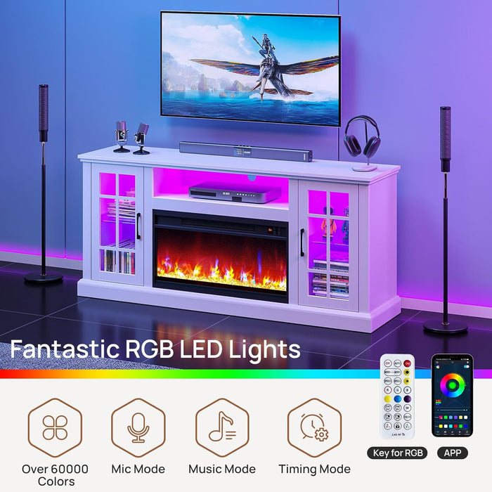 Fireplace TV Stand with Led and Power Outlets, White Entertainment Center with 26" Electric Fireplace for 45/50/55/60/65 Inch Tvs, Modern TV Console with Storage Cabinet for Living Room