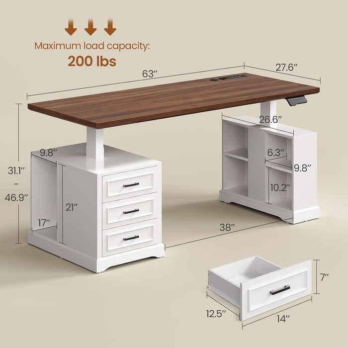 Farmhouse Electric Standing Desk, 63" Height Adjustable Computer Desk with 3 Drawers, Storage Shelves, Power Outlets, Wood Home Office Stand up Desk for Work, Study, Writing, White