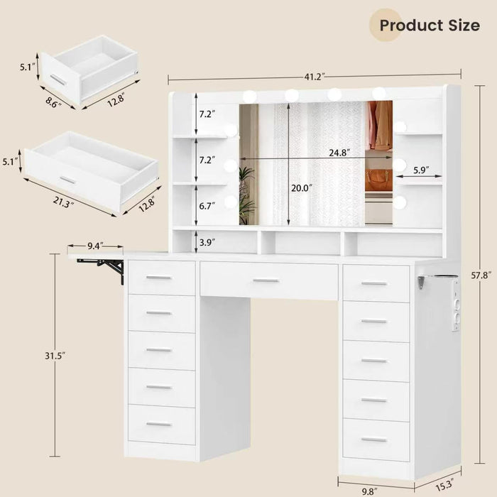 SnowWhite Vanity Desk With Foldable Extended Desktop