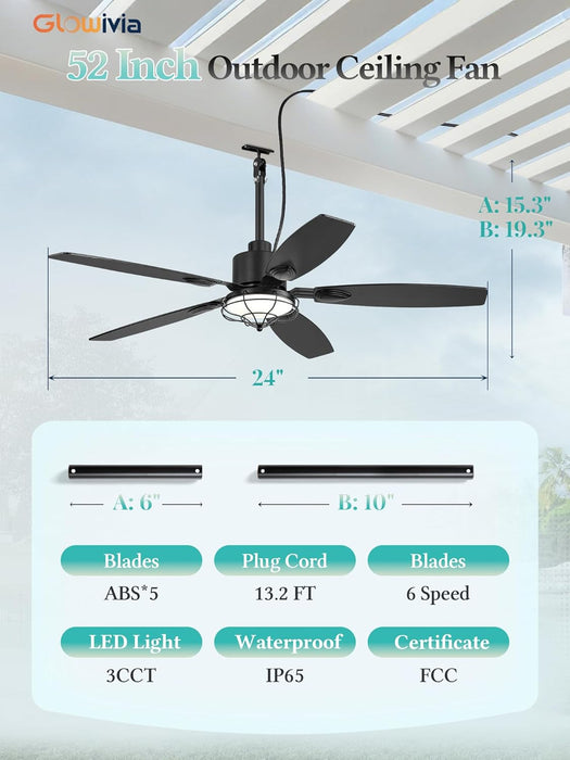 52" Outdoor Ceiling Fan with Lights, IP65 Waterproof Gazebo Fan with 3CCT Remote Control 6-Speeds Reversible DC Motor,Plug in Hanging Ceiling Fan for Patio Porch Pergola(Black)