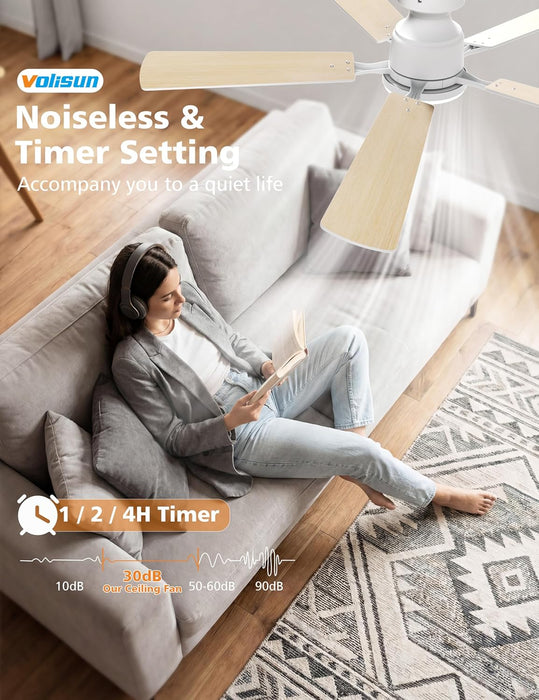 52 Inch Ceiling Fan with Lights Flush Mount, Low Profile Ceiling Fans with Lights, Remote&App Control,Dimmable 22W LED Light,Queit&Reversible Fan, White Ceilings Fans for Bedroom, Living Room