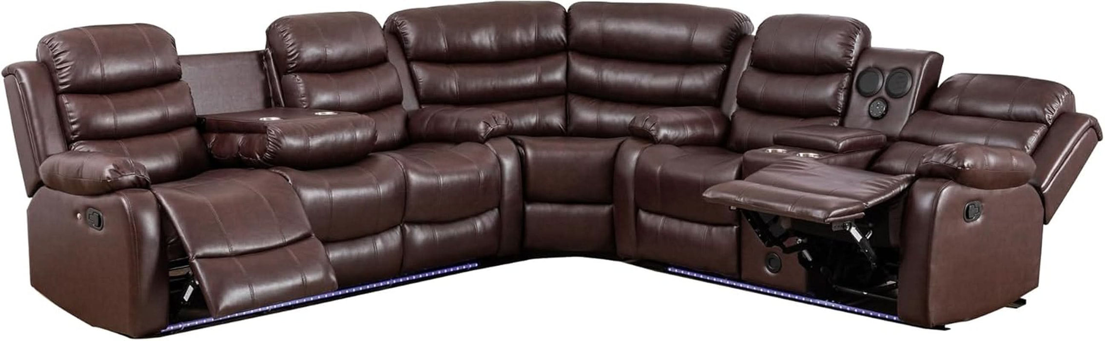 Faux Leather Living Room Set Modern Reclining Sectional Sofa with LED Light, USB Chargers, Sound System, 4Cup Holders, Hidden Storage, Brown