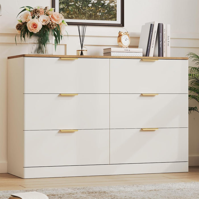 6 Drawer Dresser for Bedroom, 47.2" Wide Modern Chest of Drawers with Curved Profile Design, Large Wood Dresser TV Stand with Metal Handles for Bedroom, Living Room, Hallway, White & Brown