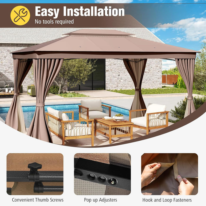 Patio Gazebo 10'X13', Outdoor Heavy Duty Party Tent Shelter with Double Roofs, Mosquito Nettings and Privacy Screens for Backyard, Garden, Lawn, Khaki