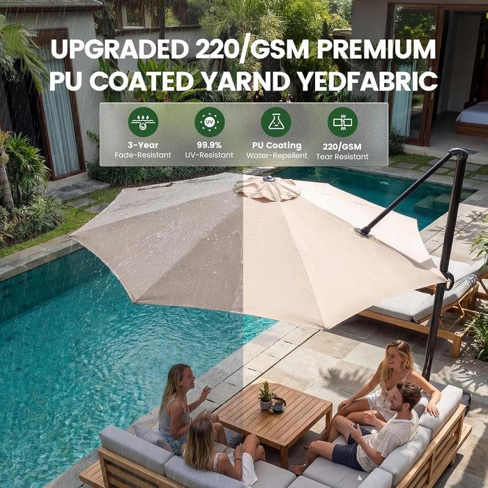 10FT Outdoor Patio Umbrella with Base Included, Heavy-Duty Frame Cantilever Offset Umbrella with 360° Rotation & Infinite Tilt, Uv-Resistant Water-Repellent Shade for Patio, Poolside, Backyard, Beige