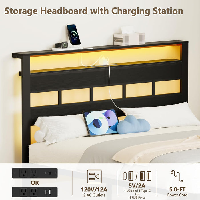 Full Size Bed Frame, Storage Headboard, LED & Charger, Black Oak