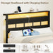Full Size Bed Frame, Storage Headboard, LED & Charger, Black Oak