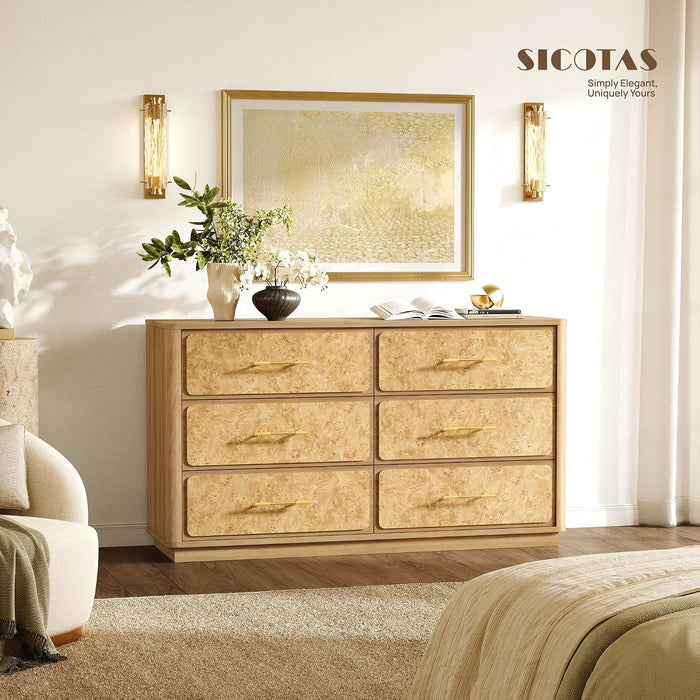 55" Extra Wide Dresser for Bedroom - Burl 6 Drawer Chest of Drawers