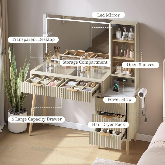 Fluted Makeup Vanity Desk with Mirror and Lights, Modern Glass Top Vanity Table with Charging Station, 5 Drawers & Shelves, 3 Color Modes, Wood Dressing Table for Bedroom, Oak