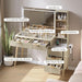 Fluted Makeup Vanity Desk with Mirror and Lights, Modern Glass Top Vanity Table with Charging Station, 5 Drawers & Shelves, 3 Color Modes, Wood Dressing Table for Bedroom, Oak