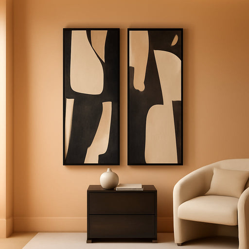 Long Narrow Framed Neutral Abstract Vertical Wall Art, Set of 2 Modern Canvas Prints Paintings Artwork for Walls, Black and Beige Minimalist Pictures Living Room Bedroom Hallway Entryway Wall Decor