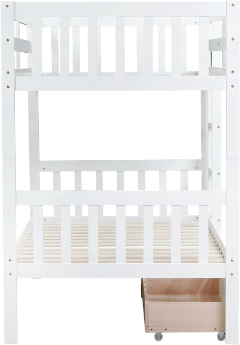 Twin over Twin Wood Bunk Bed with 2 Drawers for Girls,Boys,Convertible into 2 Beds,Wood Bunk Bed with Ladder and Safety Guardrails,No Box Spring Needed, White