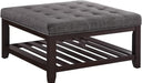 Large Square Upholstered Tufted Linen Ottoman Coffee Table, Large Footrest Ottoman with Solid Wood Shelf-Dark Gray