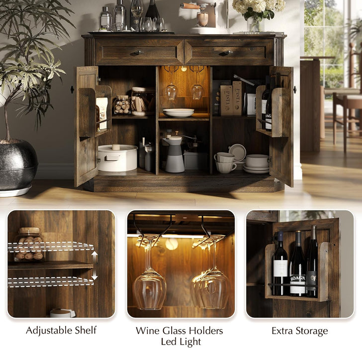 47" Wine Bar Cabinet with LED Light & Power Outlets, 2 Door Coffee Bar Cabinet with 2 Drawers, Sideboard Buffet Cabinet with Storage, Liquor Cabinet for Home Bar, Kitchen Living Room, Walnut Brown