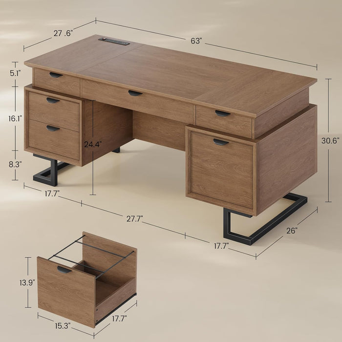 63" Executive Desk with Charging Station, Large Home Office Desks with 6 Drawers and 2 Storage Cabinets, File Drawer, Keyboard Tray, Privacy Panel, Desk Grommet, U-Shaped Metal Legs for Work and Study