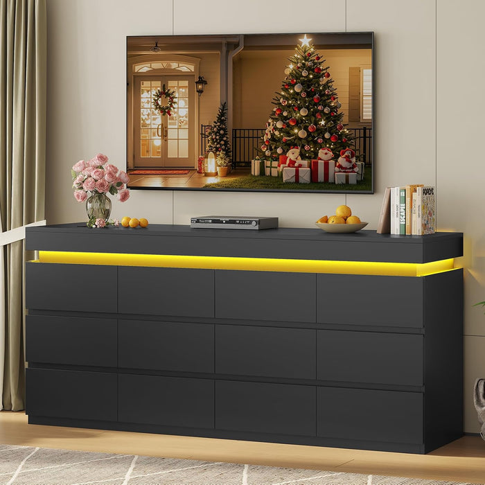 12 Drawer Dresser with LED Light, Black Modern Chest of Drawers for Bedroom,Long Dresser with Drawers for Living Room, Entryway, Hallway