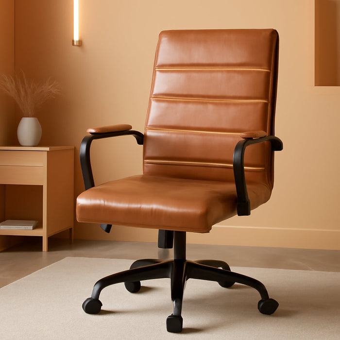 Whitney High-Back Swivel Leathersoft Desk Chair with Padded Seat and Armrests, Adjustable Height Padded Leathersoft Office Chair, Brown/Black Gold