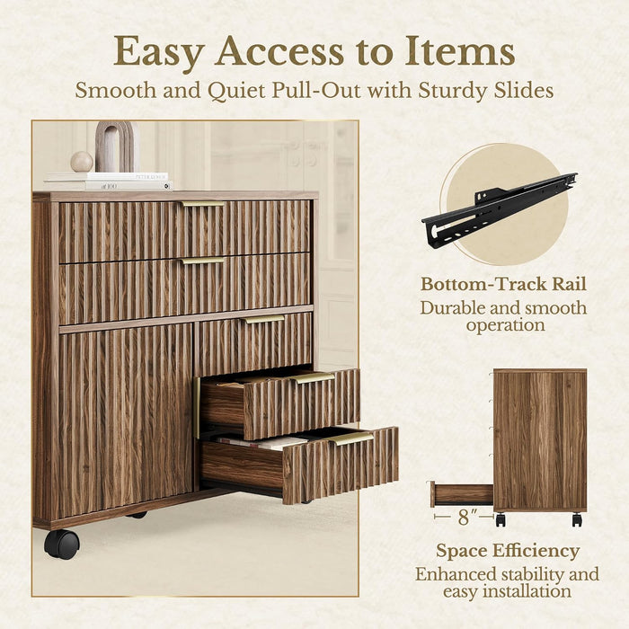 Fluted Lockable File Cabinet Five Drawers WalnutFinish