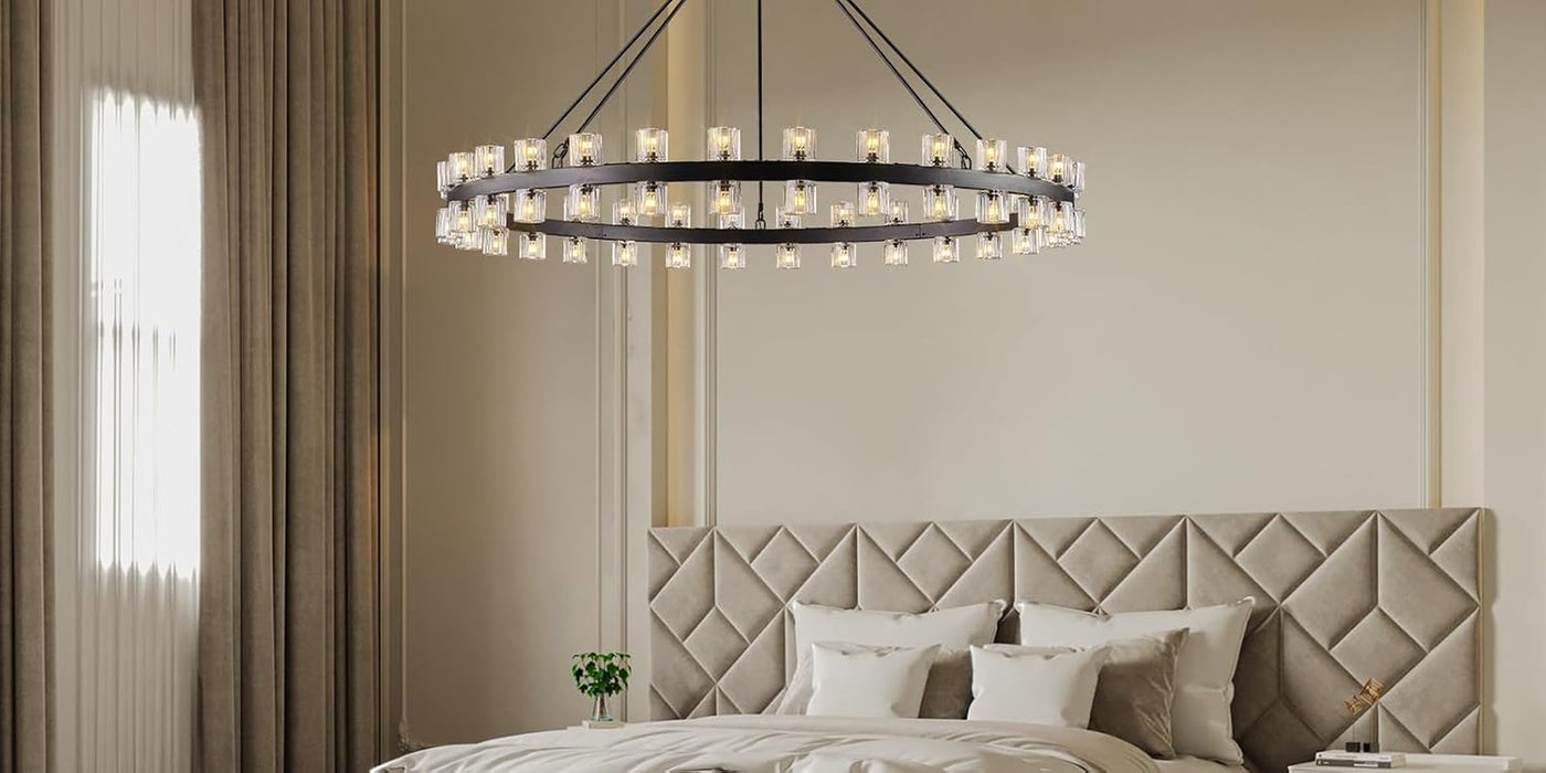 60 Inch Black Wagon Wheel Chandelier with Crystal Shade, 60 Lights, Large round Modern Farmhouse Style, Perfect for High Ceiling, Dining Room, Kitchen, Entryways, Foyer