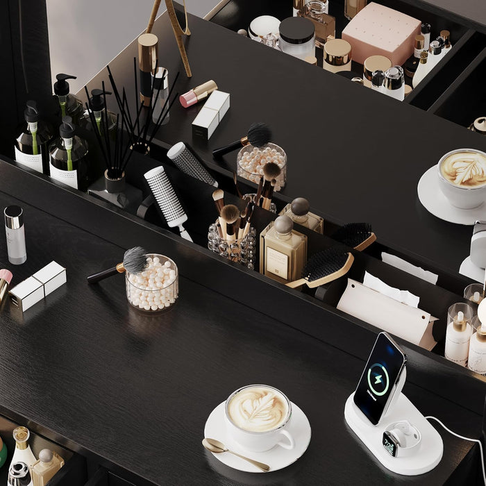 Makeup Vanity with Lights & Charging Station, Black Vanity Table with 5 Drawers & Open Storage Shelves, Vanity Desk with Mirror & Lights, Dressing Table Set, Bedroom Makeup Table Set Black Handle