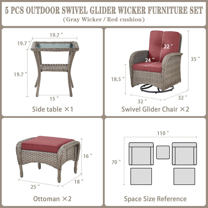 5 Pieces Wicker Patio Furniture Set - Swivel Rocker Outdoor Chairs with Ottomans and Side Table, Small Patio Conversation Set for Porch Deck Backyard Red