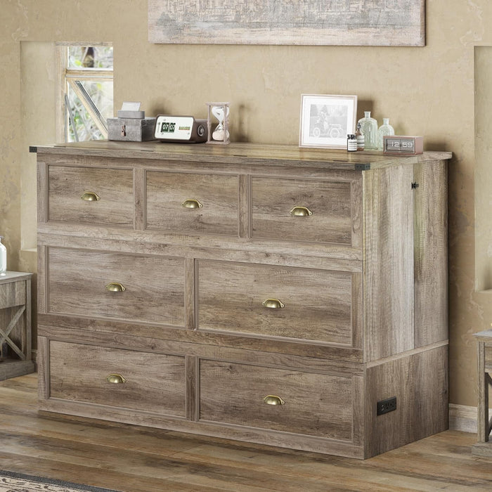 Full Size Murphy Bed, Farmhouse Wooden Cabinet with Charging Station and Storage Drawer for Bedroom/Office/Guest Room, Grey Oak