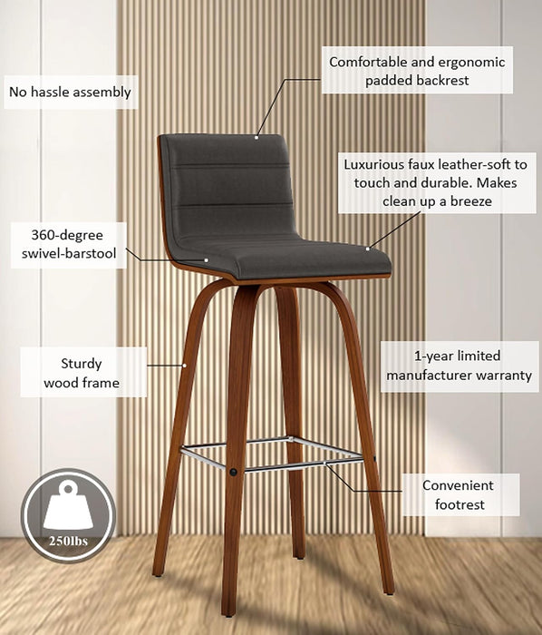 Vienna Mid-Century Modern 30" Bar Height Barstool Faux Leather Wood Finish, Grey/Walnut