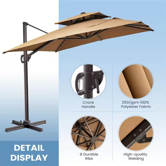 Double Top 11 Ft. X 9 Ft. Rectangular Heavy-Duty 360-Degree Rotation Cantilever Patio Umbrella in Tan