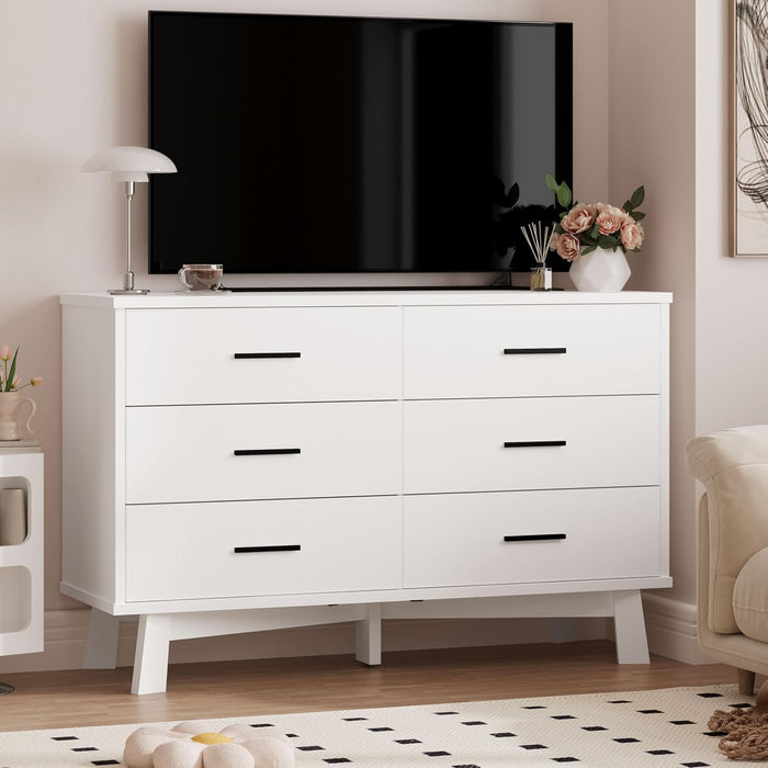 Dresser for Bedroom, 6 Drawer Wide Modern Chest of Drawers with X-Shaped Sturdy Base, Wood Double Dresser Closet Clothes Storage Organizer, Wooden TV Stand for Living Room, Hallway, White