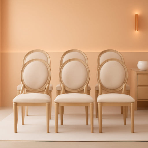 Upholstered Dining Chairs Set of 6 French Country Oval Fabric Back Kitchen Side Chair with Wood Legs for Dining Room, Kitchen, Restaurant(Beige-Fabric)
