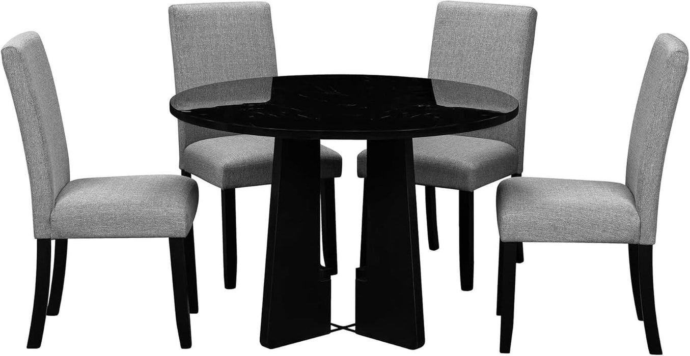 5-Piece round Dining Table Set, Modern 4 Upholstered Chairs for Living,Kitchen Room, 43 Inch, Grey+Black