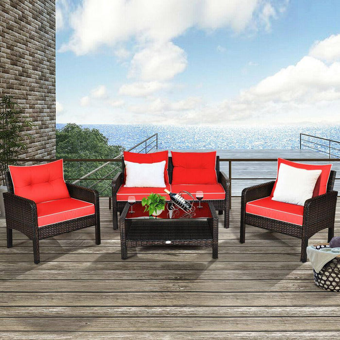 4-Piece Wicker Patio Conversation Sectional Seating Set Outdoor Patio Rattan Furniture Set with Red Cushions