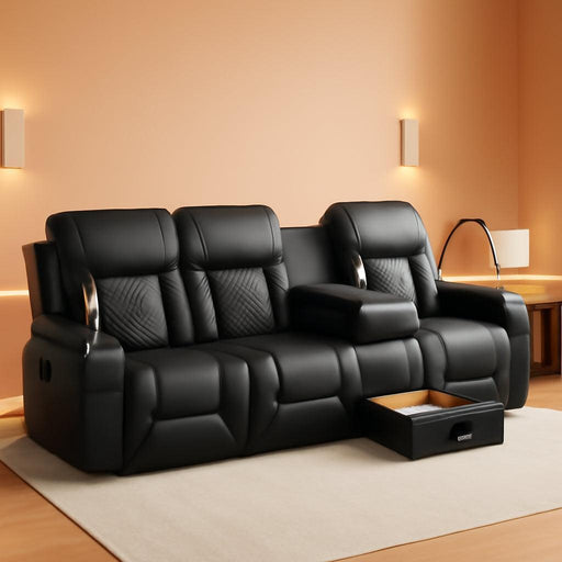 Recliner Sofa, 4 Seater Dual Reclining Sofa with Flip Back Console, Modern PU Leather Recliner Couch for Living Room/Rv, with Storage Drawer, USB Ports, Cup Holder, Cell Phone Holder, Black