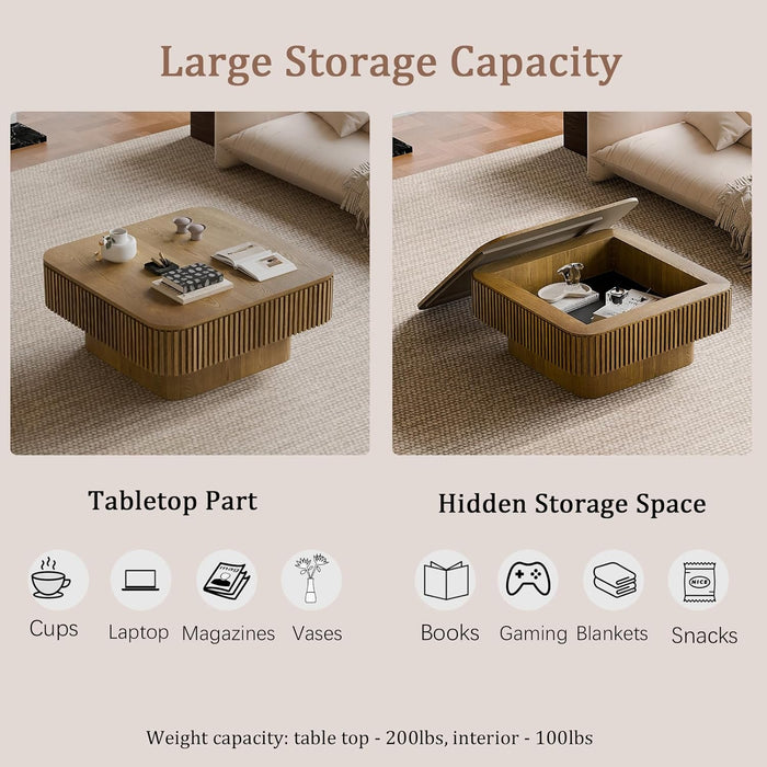 31.5 Inch Square Drum Coffee Table with Storage, Modern Handcraft Fluted Drum Coffee Table, Wooden Square Center Table Cocktail Tea Table with Sturdy Pedestal for Living Room Apartment (Brwon)