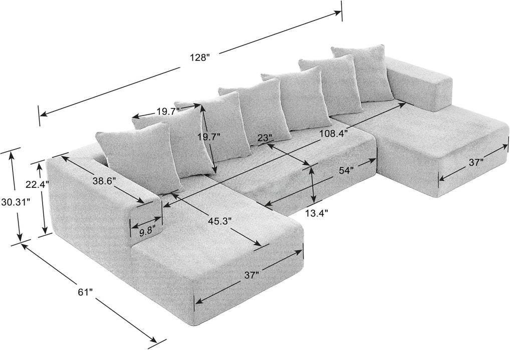 U-Shaped Modular Sectional Sofa 6-Seater, Grey Chenille