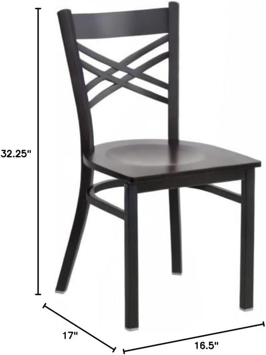 2 Pack HERCULES Series Black ''X'' Back Metal Restaurant Chair - Walnut Wood Seat